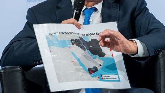 خارطة الشرق الأوسط التي عرضها رئيس الوزراء الإسرائيلي بنيامين نتنياهو خلال مؤتمر ميونخ للأمن (صورة من الأرشيف)
