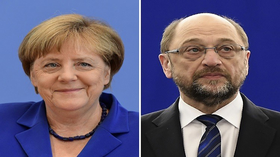 المستشارة الألمانية أنغيلا ميركل والمرشح الألماني عن الحزب الديمقراطي الاشتراكي مارتن شولتز