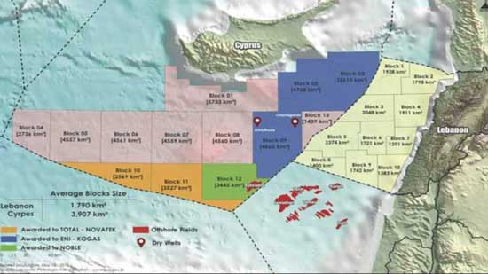 خريطة البلوكات النفطية البحرية يظهر فيها البلوك 9